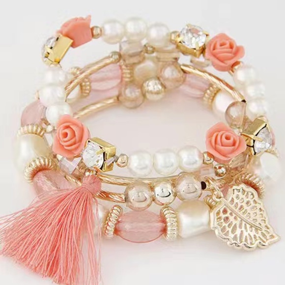 Jewelry - Beaded 4 Piece Stretch Stack Bracelet Set with Roses